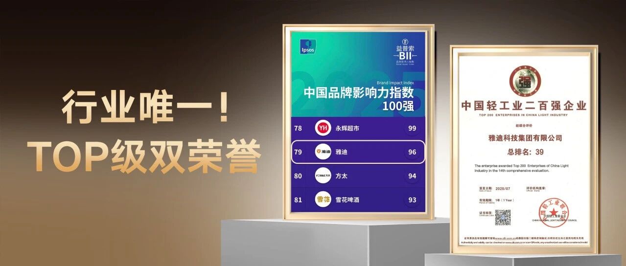 行业唯一！雅迪再获TOP级双荣誉，让亿万人享受美好出行！